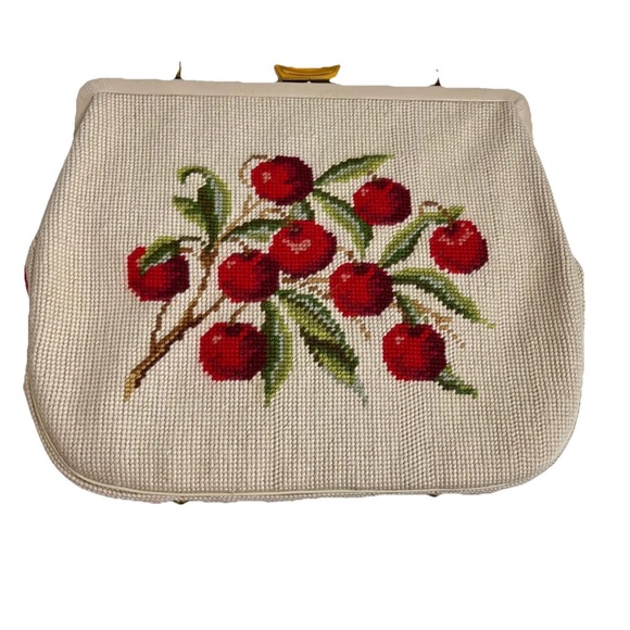 Vintage Handbags - Vintage Bag Needlepoint Wool Purse Embroidered Cherry Rockabilly